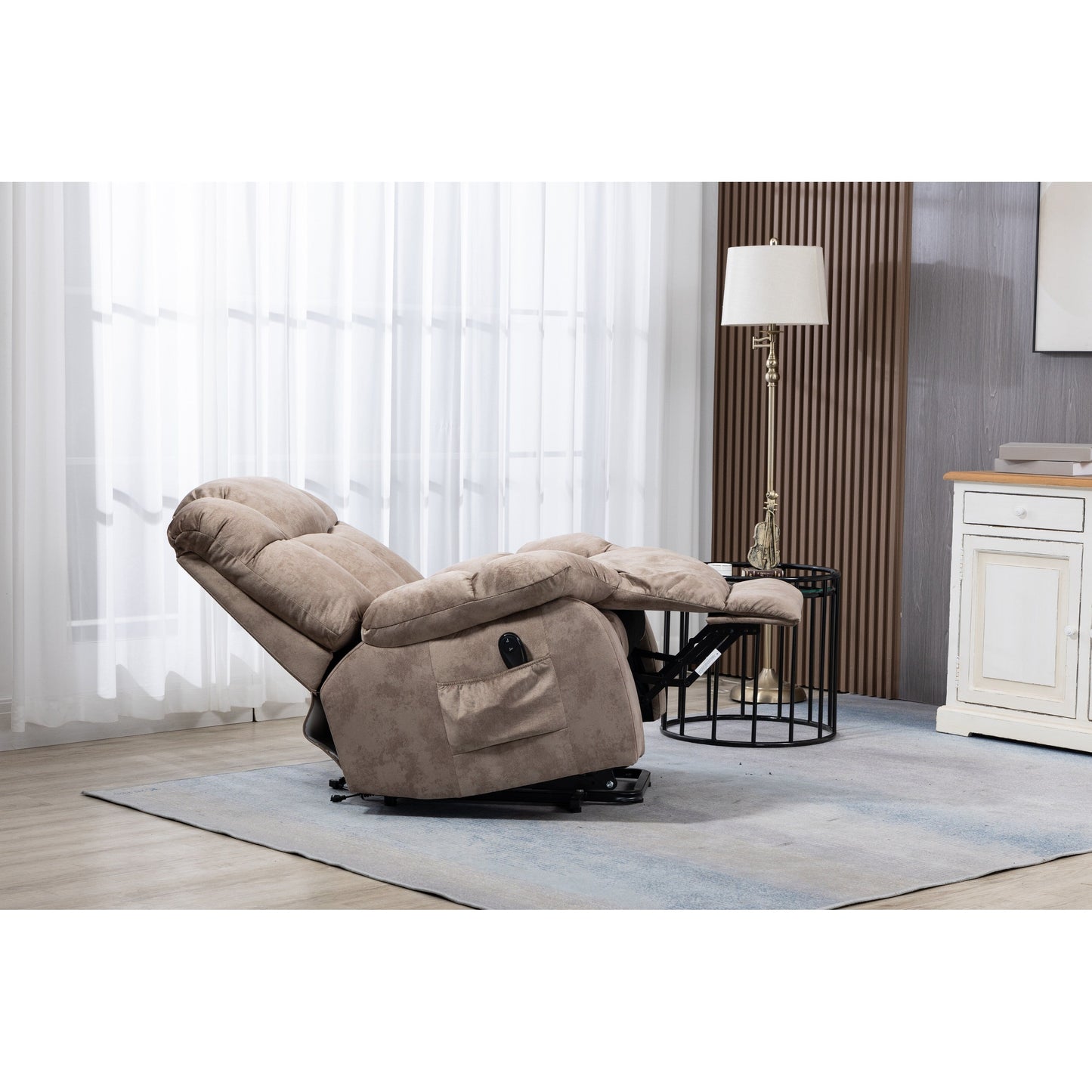 Poltrona reclinabile elettrica imbottita in velluto per anziani con telecomando e tasche laterali portaoggetti
