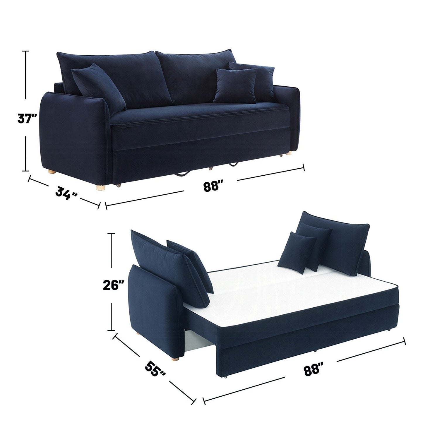 Divano imbottito in velluto con letto estraibile, design blu