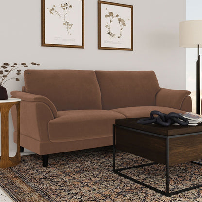 Divano rivestito in velluto con gambe affusolate in legno color ruggine