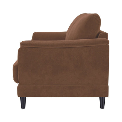 Divano rivestito in velluto con gambe affusolate in legno color ruggine