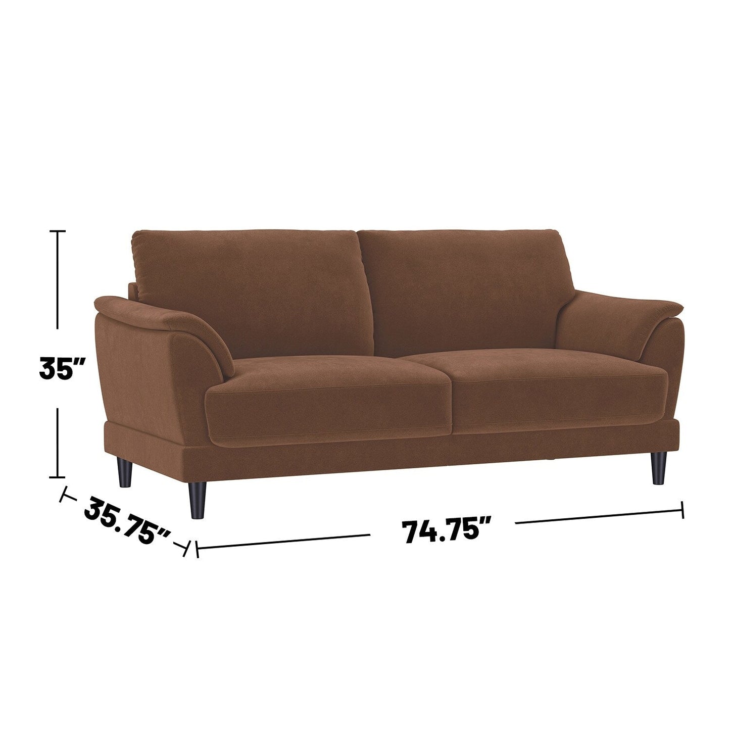 Divano rivestito in velluto con gambe affusolate in legno color ruggine