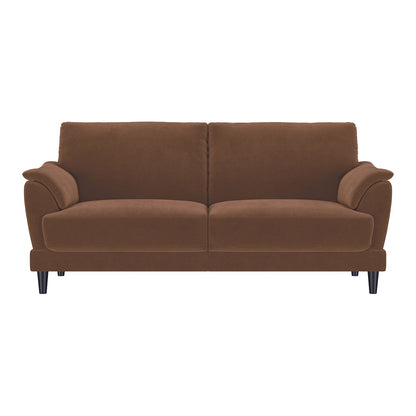 Divano rivestito in velluto con gambe affusolate in legno color ruggine