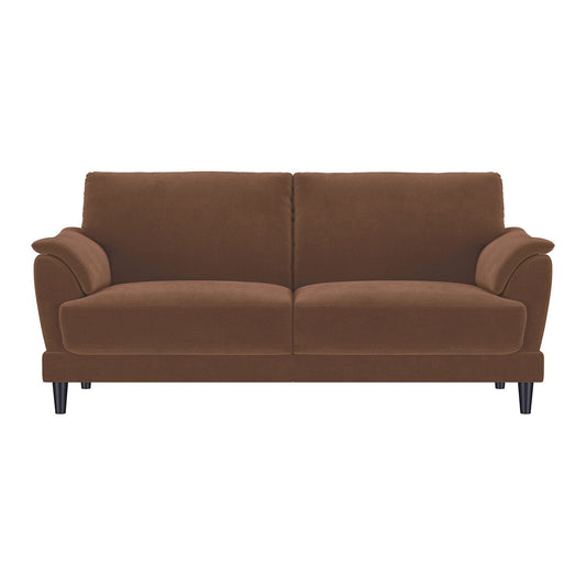 Divano rivestito in velluto con gambe affusolate in legno color ruggine