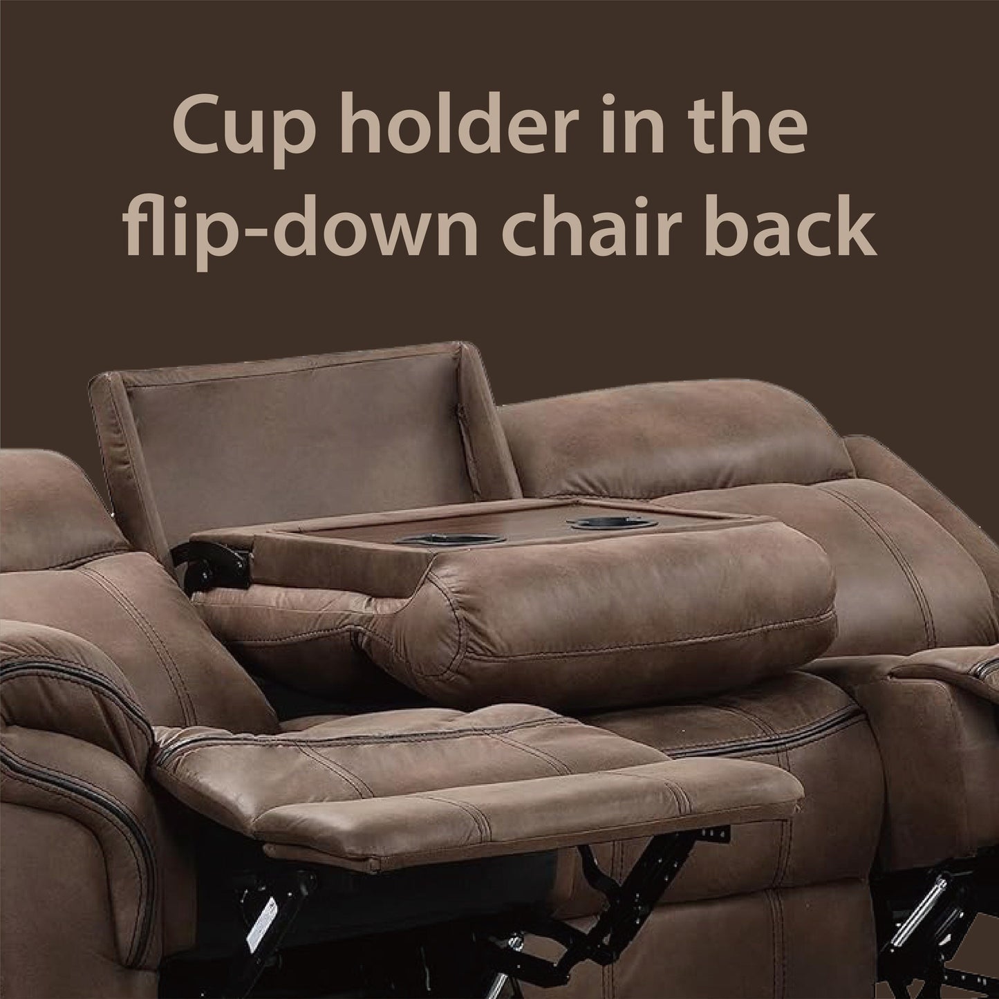 Divano reclinabile manuale Verne Brown in microsuede con portabicchieri ribaltabili