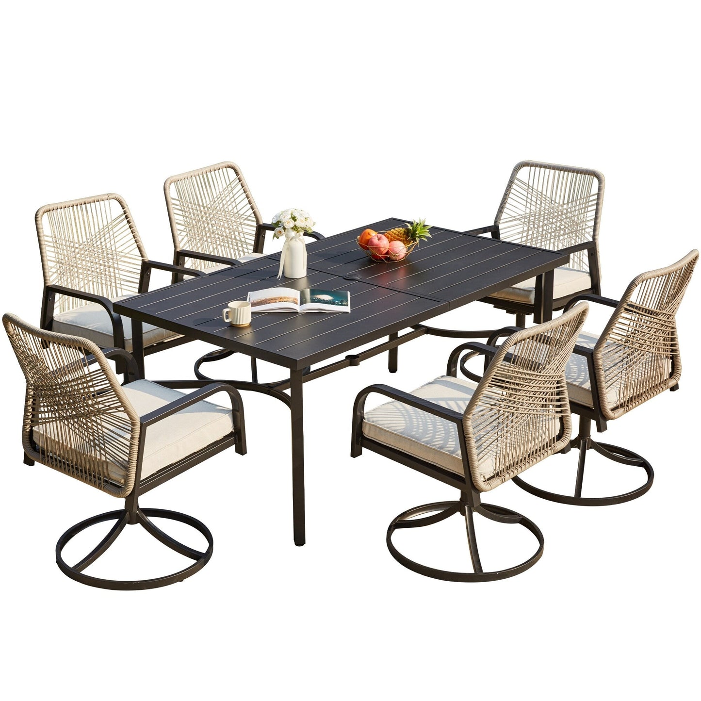 Set da pranzo versatili per esterni con sedie girevoli/pieghevoli e tavolo con doghe in acciaio e set da pranzo in HDPE per giardini e patii