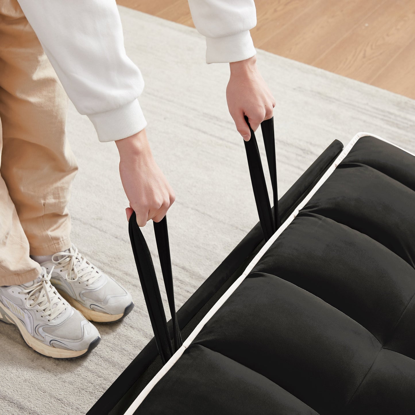 Divano letto pieghevole versatile in velluto con schienale regolabile, porta USB e supporto per telefono