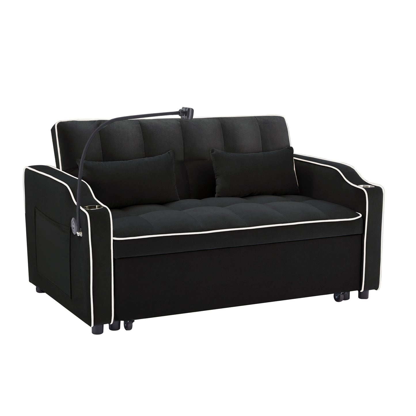 Divano letto pieghevole versatile in velluto con schienale regolabile, porta USB e supporto per telefono