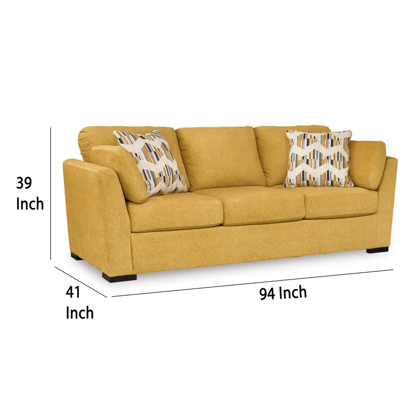 Divano Viena, 2 cuscini decorativi, morbido velluto giallo sintetico, 92 pollici