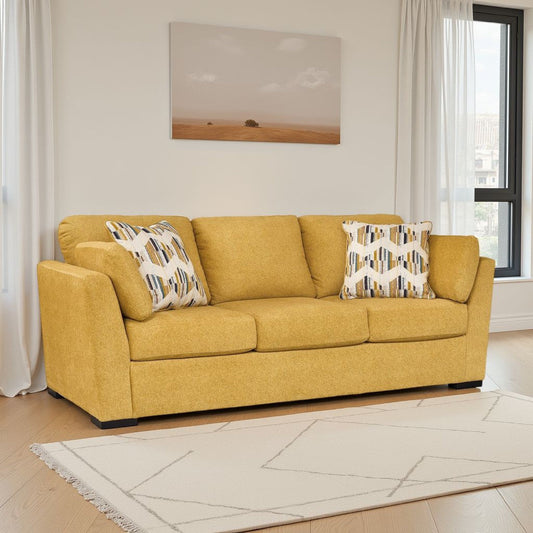 Divano Viena, 2 cuscini decorativi, morbido velluto giallo sintetico, 92 pollici