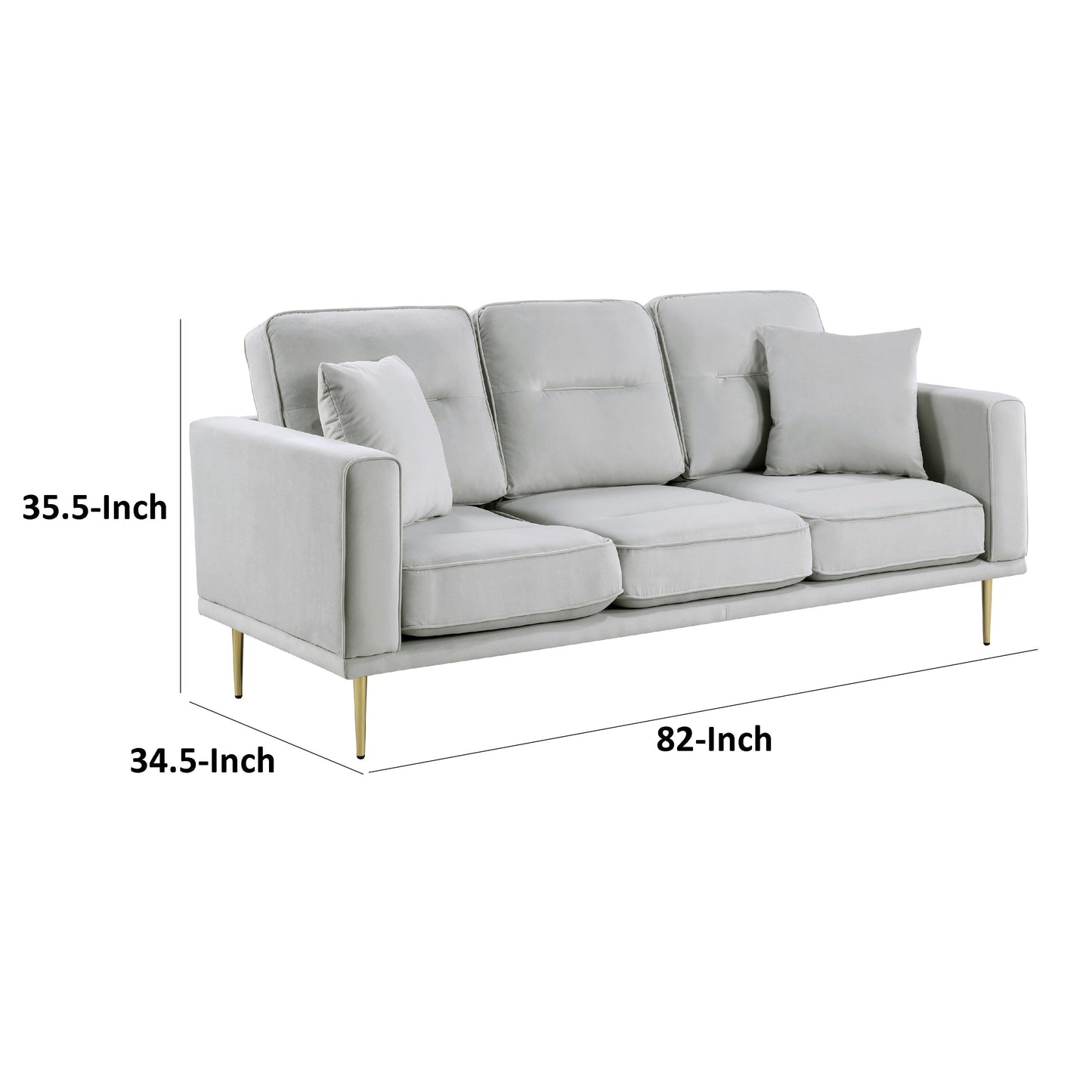 Divano Voxo, seduta imbottita in velluto grigio, due cuscini decorativi, 82 pollici