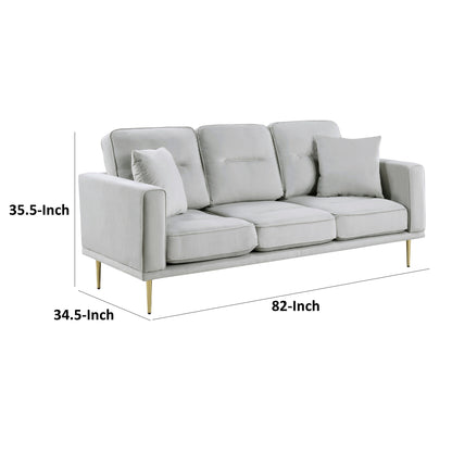 Divano Voxo, seduta imbottita in velluto grigio, due cuscini decorativi, 82 pollici