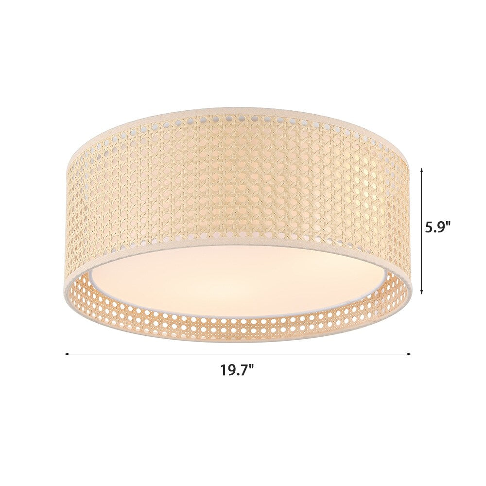 Lampada da soffitto moderna a 3 luci WINGBO con paralume a doppio tamburo in rattan e tessuto