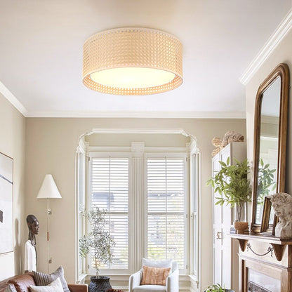 Lampada da soffitto moderna a 3 luci WINGBO con paralume a doppio tamburo in rattan e tessuto