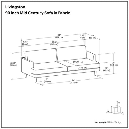 Divano moderno di metà secolo WYNDENHALL Chloris da 90 pollici di larghezza - Â 90 L x 35,5 P x 32,75 A