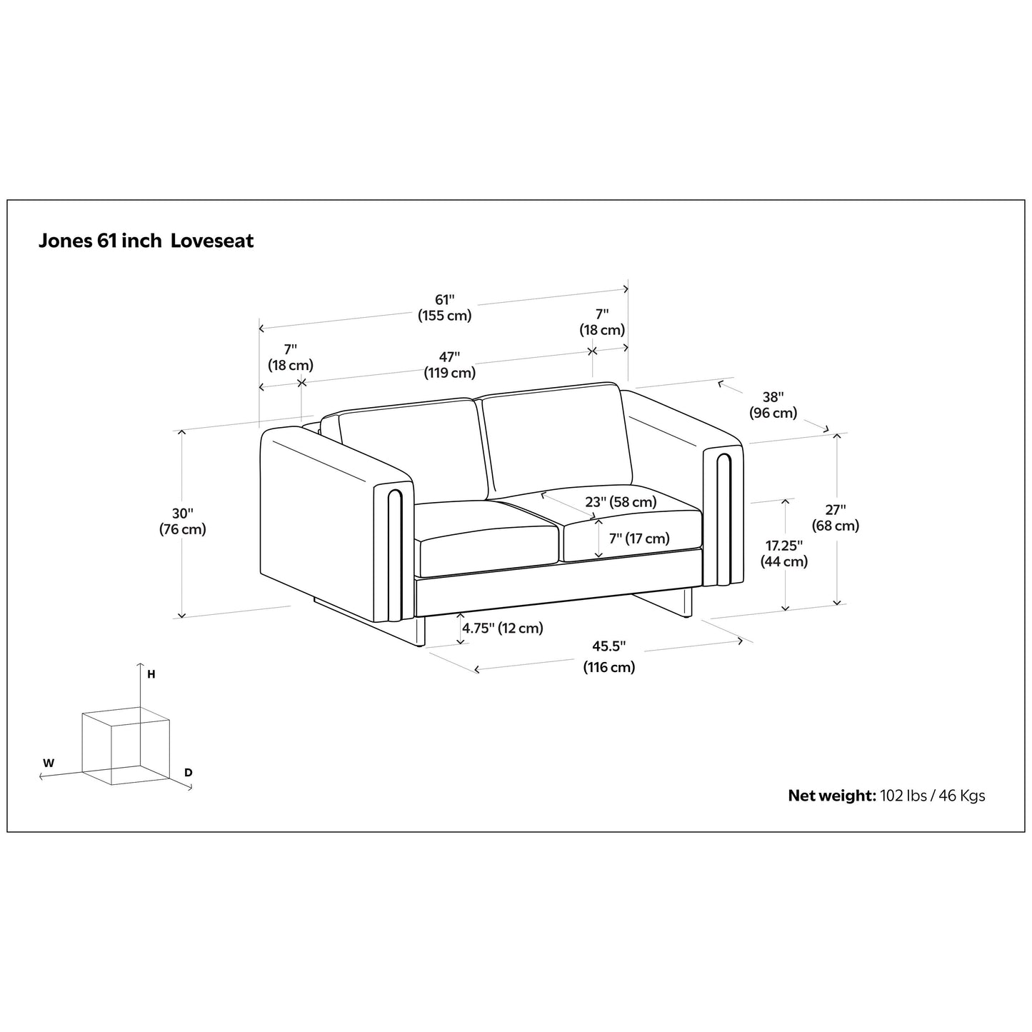 Divano a due posti contemporaneo WYNDENHALL Drayton da 61 pollici di larghezza in tessuto tecnico a trama fitta - 61 L x 38 P x 30 A