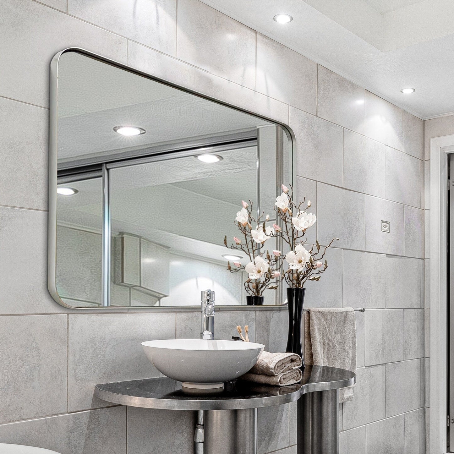 Specchio da parete, specchio da toeletta, specchio da bagno con angolo arrotondato (1 pezzo)