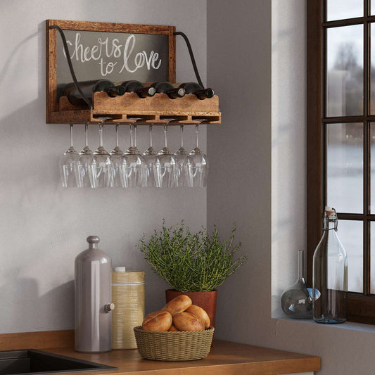 Portabottiglie da parete in legno Colmar Wallniture, portabicchieri, organizer per 4 bottiglie di vino, arredamento rustico per bar di casa
