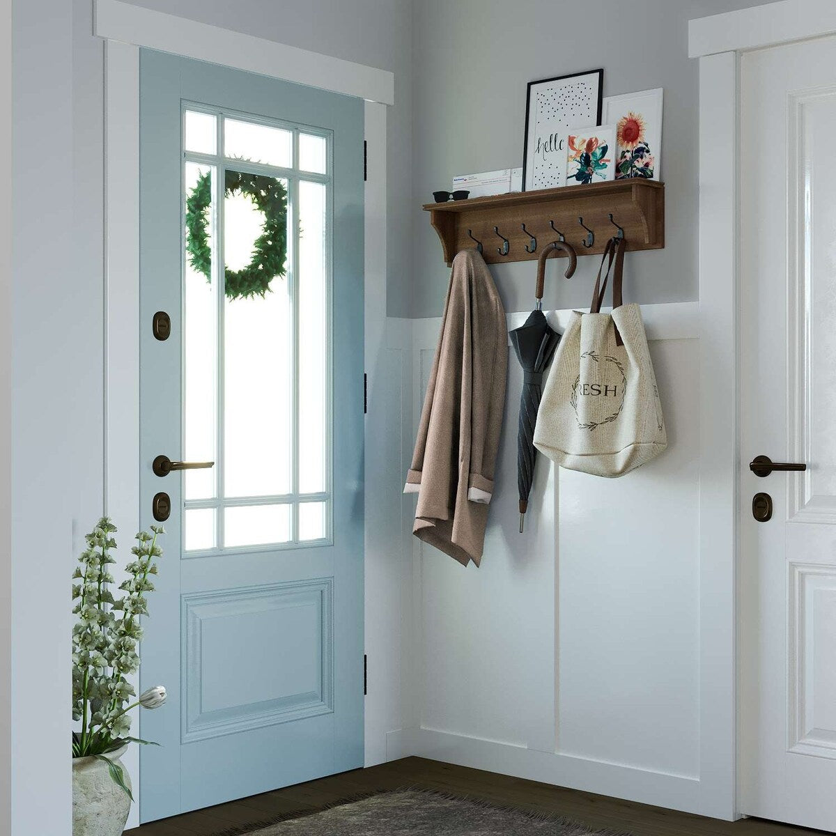 Wallniture Mante Portachiavi da parete, Porta posta decorativo con ripiano, Grandi ganci appendiabiti, Portachiavi da parete in legno