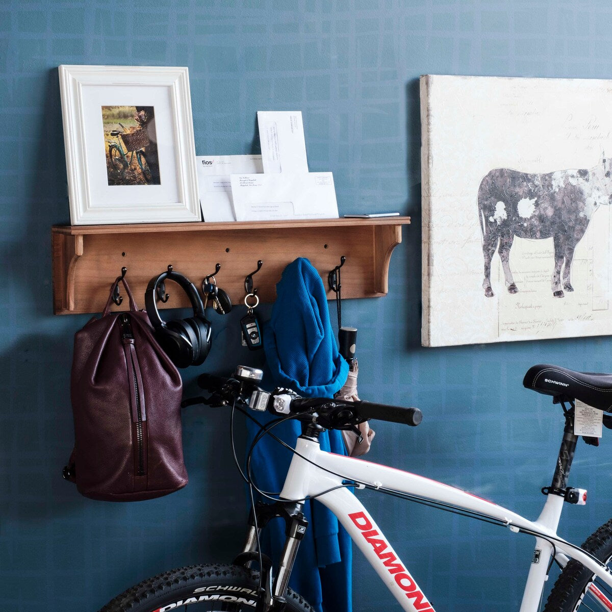 Wallniture Mante Portachiavi da parete, Porta posta decorativo con ripiano, Grandi ganci appendiabiti, Portachiavi da parete in legno