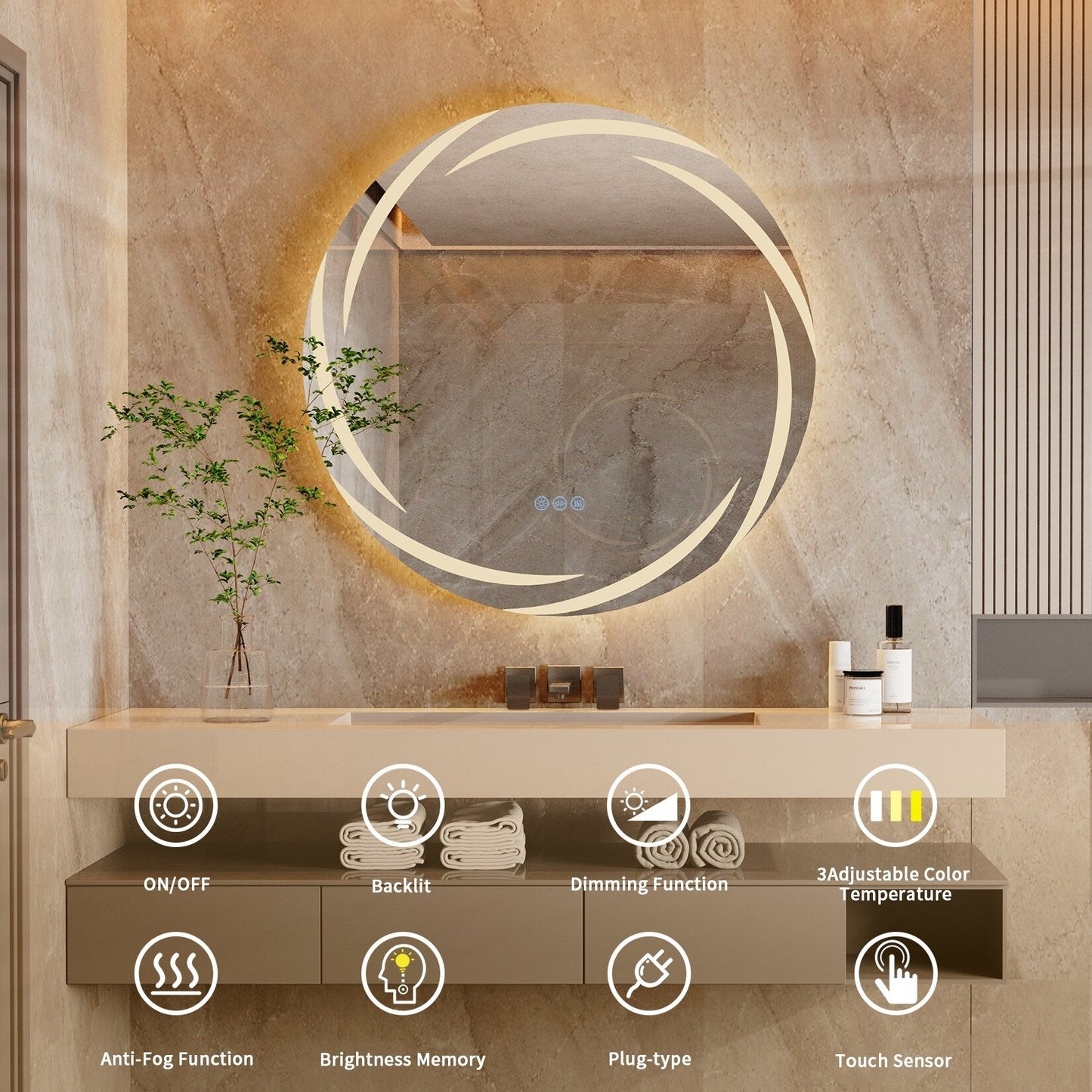Specchio da bagno con luce LED touch impermeabile e antiappannamento, dimmerabile