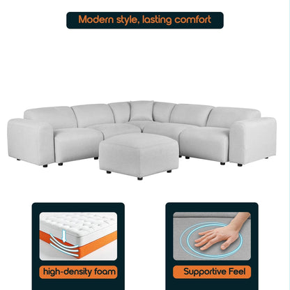 Set da conversazione imbottito Whisper con sedie modulari, braccioli agganciabili e pouf per soggiorno