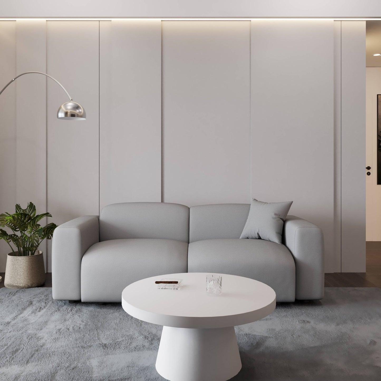 Set da conversazione imbottito Whisper con sedie modulari, braccioli agganciabili e pouf per soggiorno