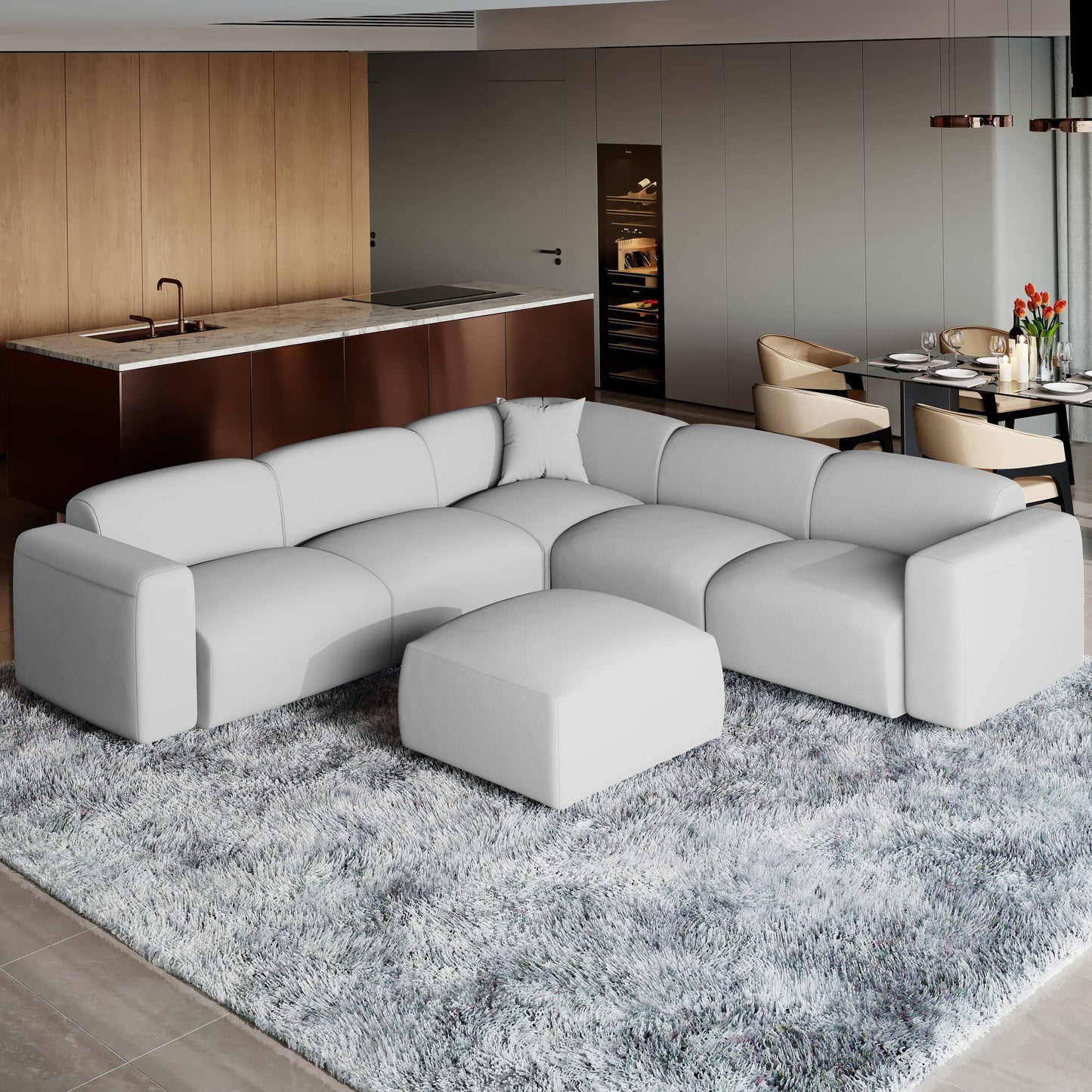 Set da conversazione imbottito Whisper con sedie modulari, braccioli agganciabili e pouf per soggiorno