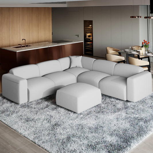 Set da conversazione imbottito Whisper con sedie modulari, braccioli agganciabili e pouf per soggiorno