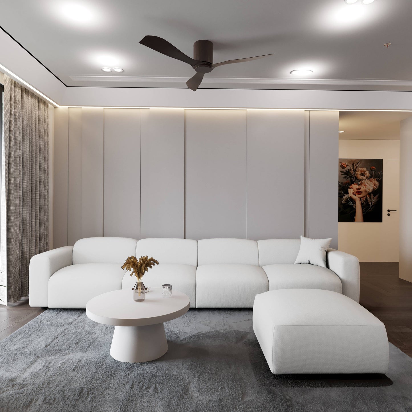 Set da conversazione imbottito Whisper con sedie modulari, braccioli agganciabili e pouf per soggiorno