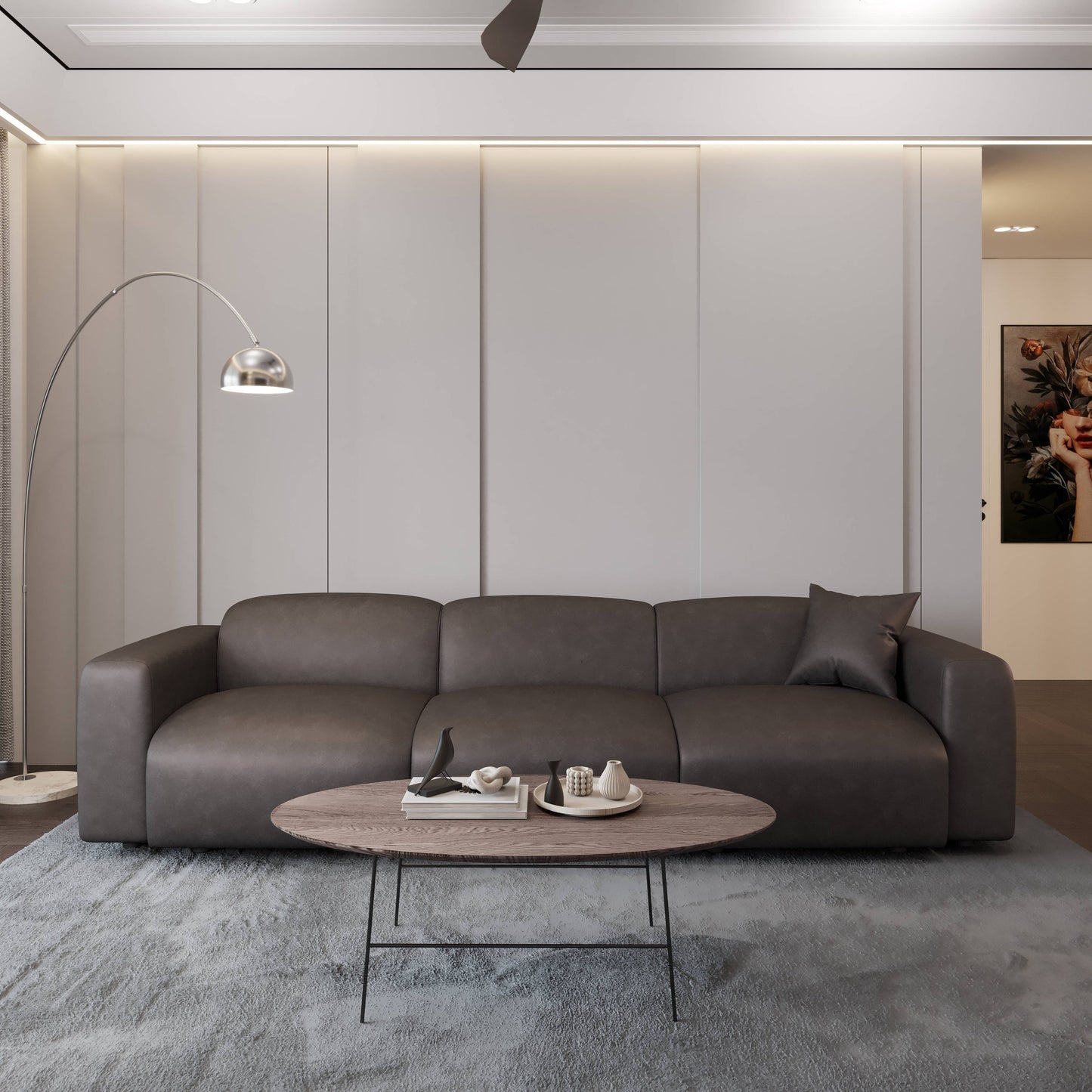 Set da conversazione imbottito Whisper con sedie modulari, braccioli agganciabili e pouf per soggiorno