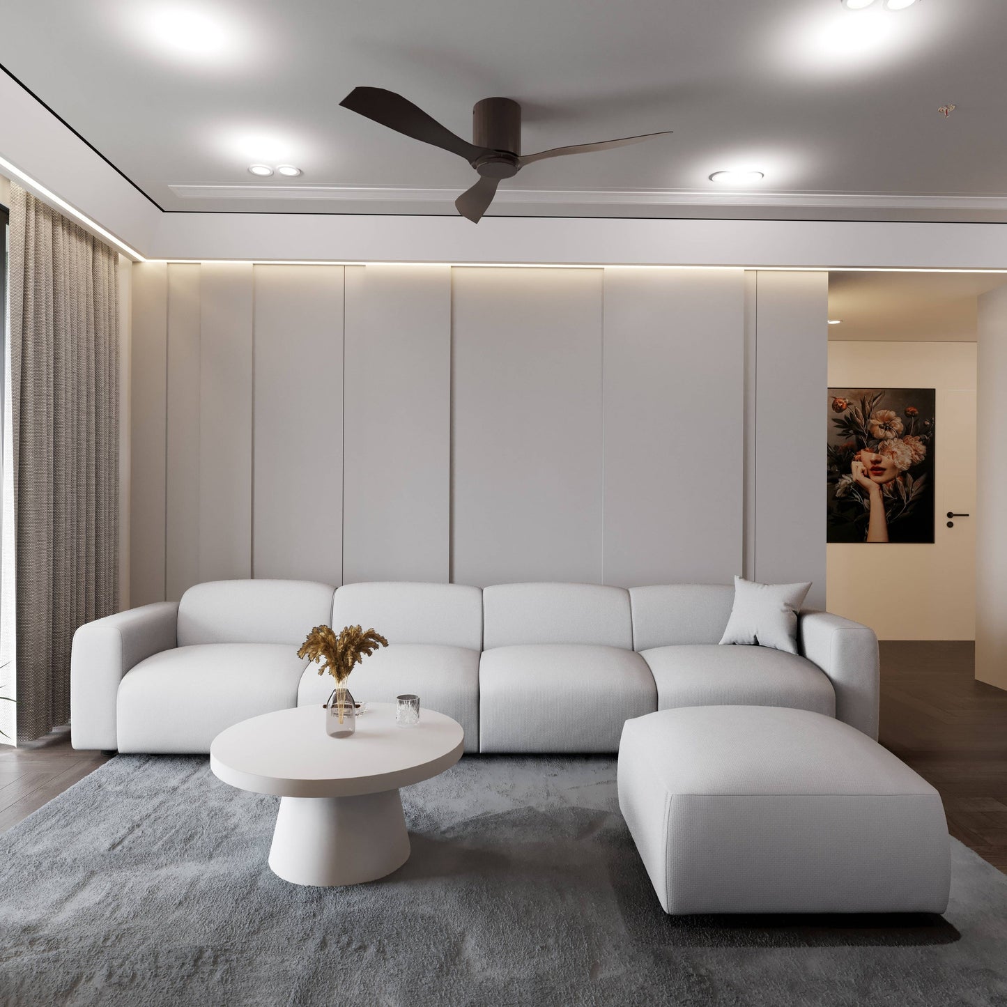 Set da conversazione imbottito Whisper con sedie modulari, braccioli agganciabili e pouf per soggiorno