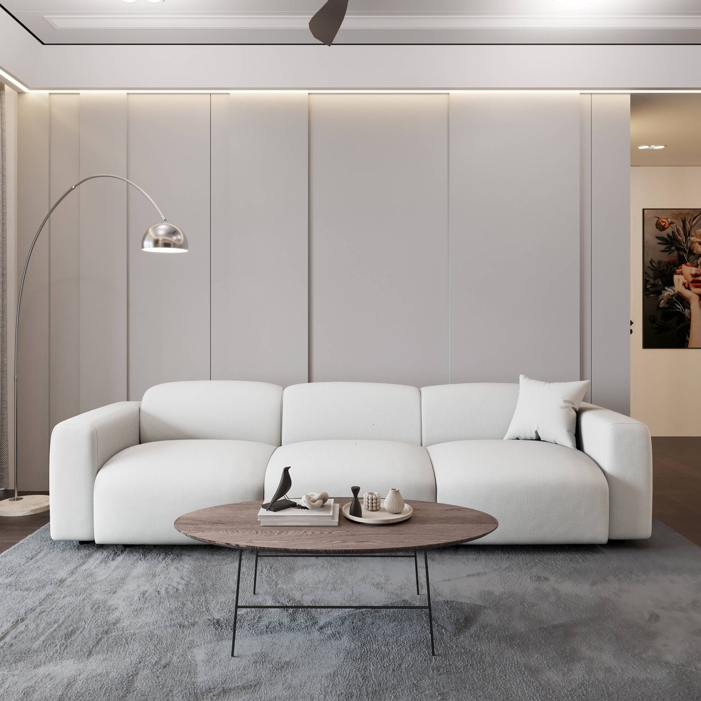 Set da conversazione imbottito Whisper con sedie modulari, braccioli agganciabili e pouf per soggiorno