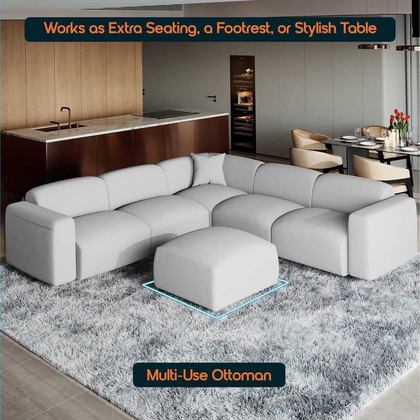 Set da conversazione imbottito Whisper con sedie modulari, braccioli agganciabili e pouf per soggiorno