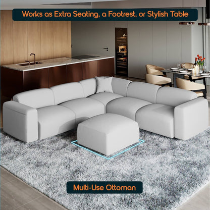 Set da conversazione imbottito Whisper con sedie modulari, braccioli agganciabili e pouf per soggiorno