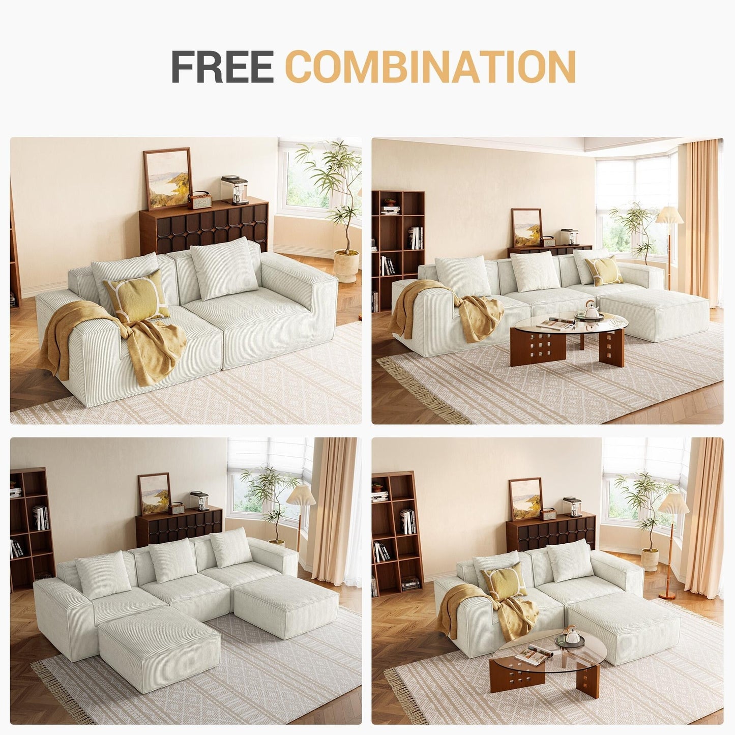 Divano letto modulare bianco da 118 pollici a 3 posti con poggiapiedi