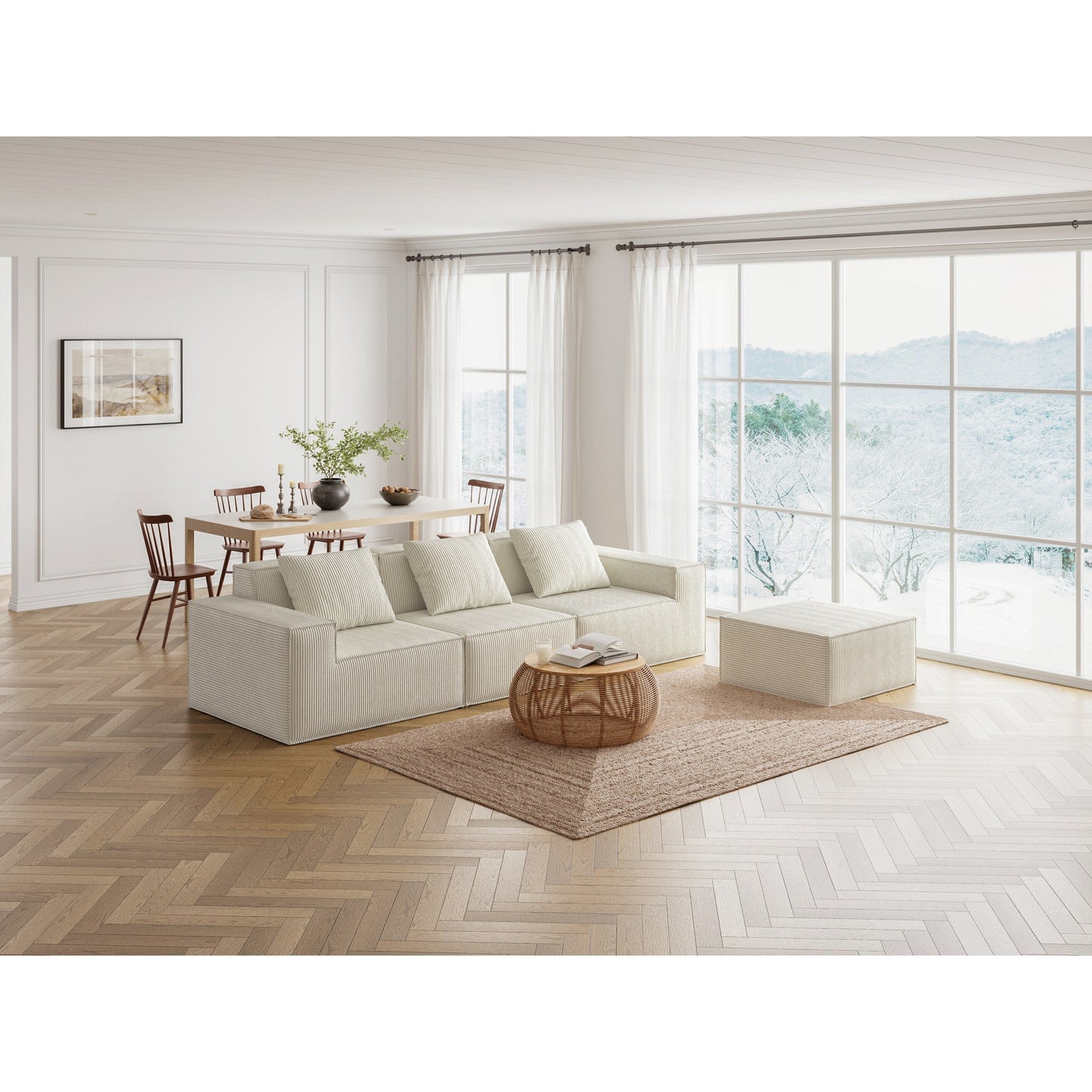 Divano letto modulare bianco da 118 pollici a 3 posti con poggiapiedi