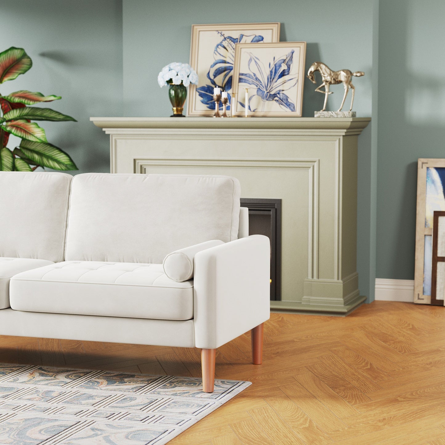 Divano imbottito bianco 67.7 a 3 posti con cuscini in schiuma ad alta densità, struttura in legno massello e montaggio senza attrezzi