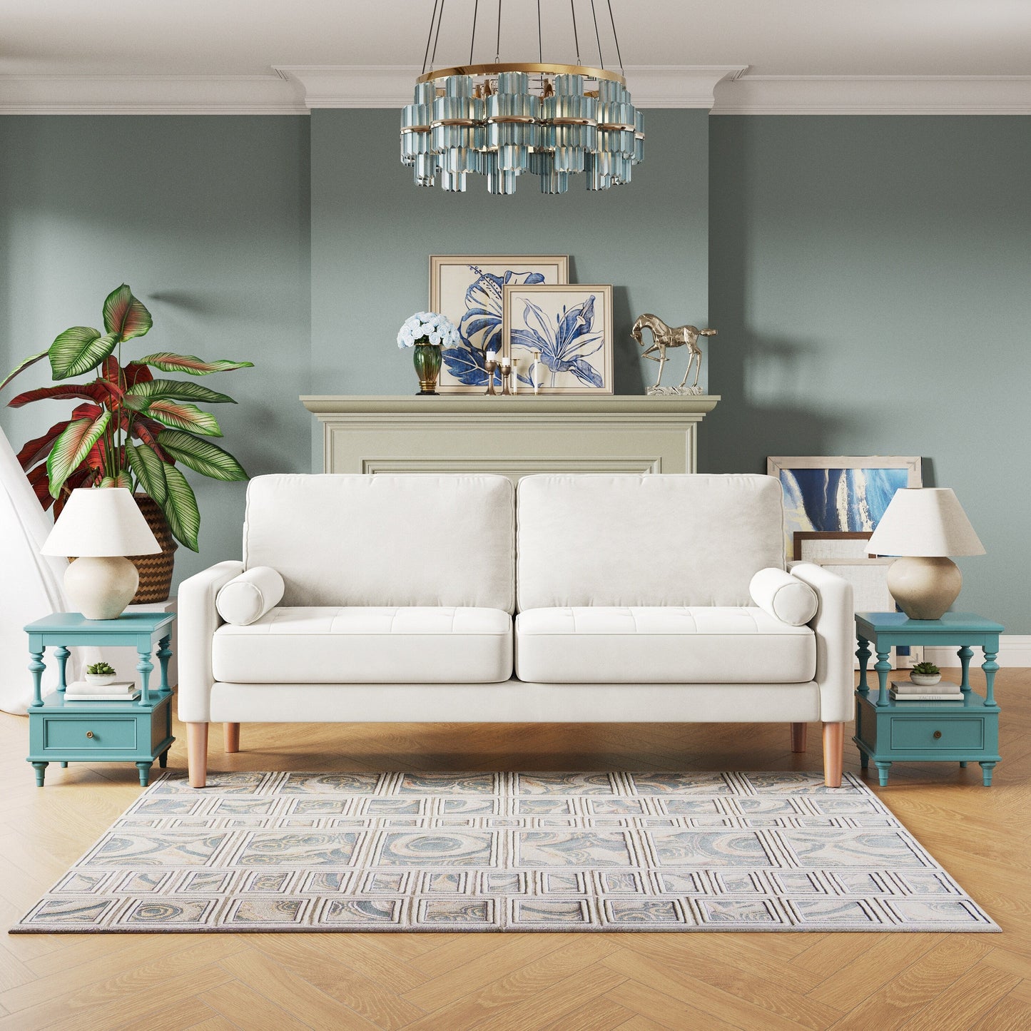 Divano imbottito bianco a 3 posti da 67,7'' con struttura in legno massello, cuscini in schiuma ad alta densità e montaggio senza attrezzi