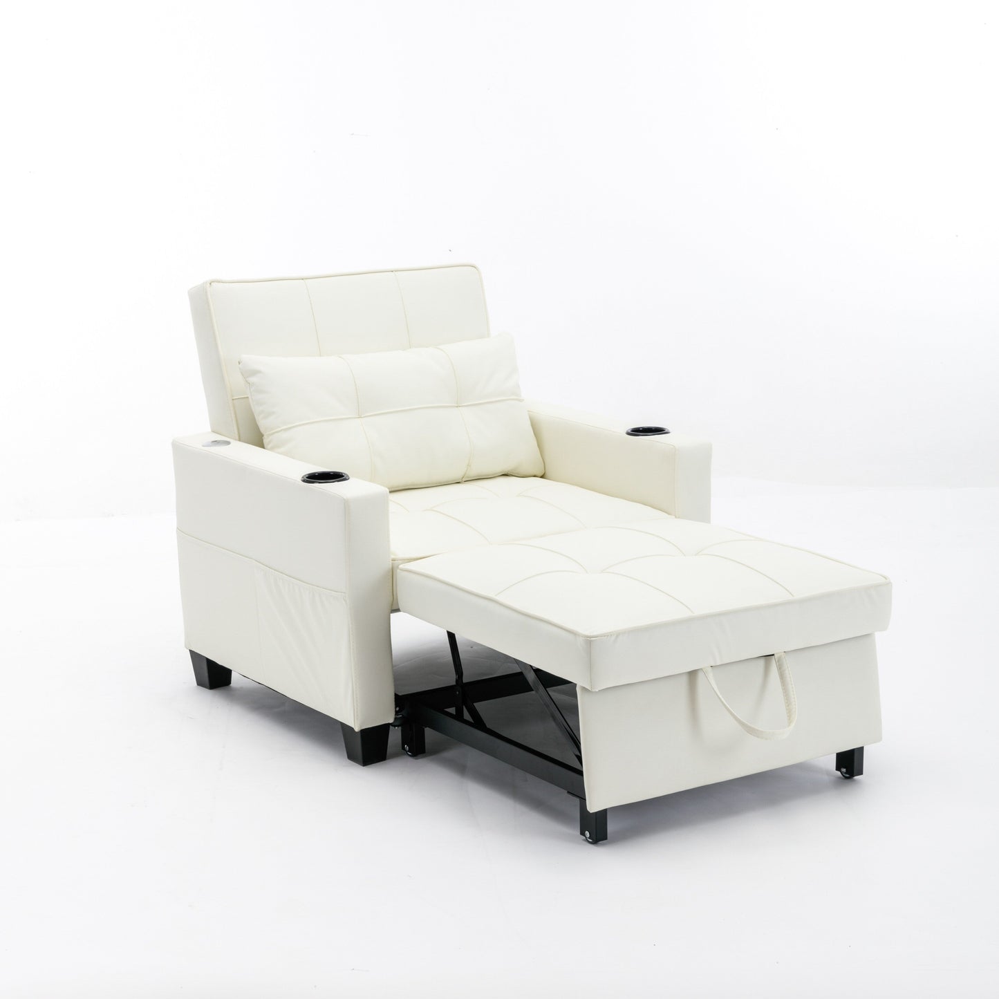 Divano letto singolo convertibile 3 in 1 in similpelle bianca 68.12 con porte USB e resistente all'usura per il soggiorno