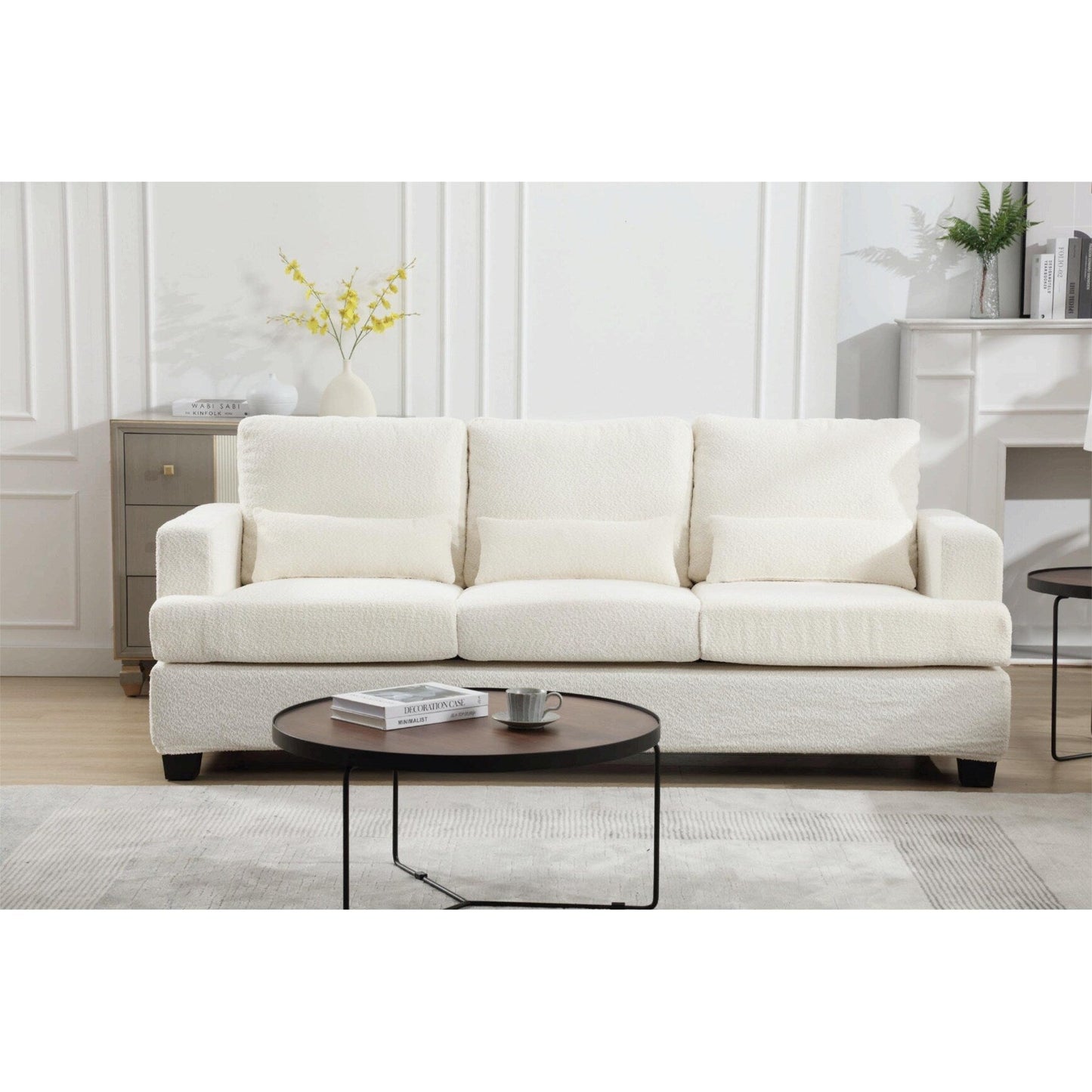 Divano moderno a 3 posti in tessuto bianco 88.4, con 3 cuscini, cuscini dello schienale rimovibili, struttura in legno massello e acciaio