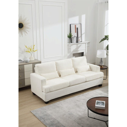 Divano moderno a 3 posti in tessuto bianco 88.4, con 3 cuscini, cuscini dello schienale rimovibili, struttura in legno massello e acciaio