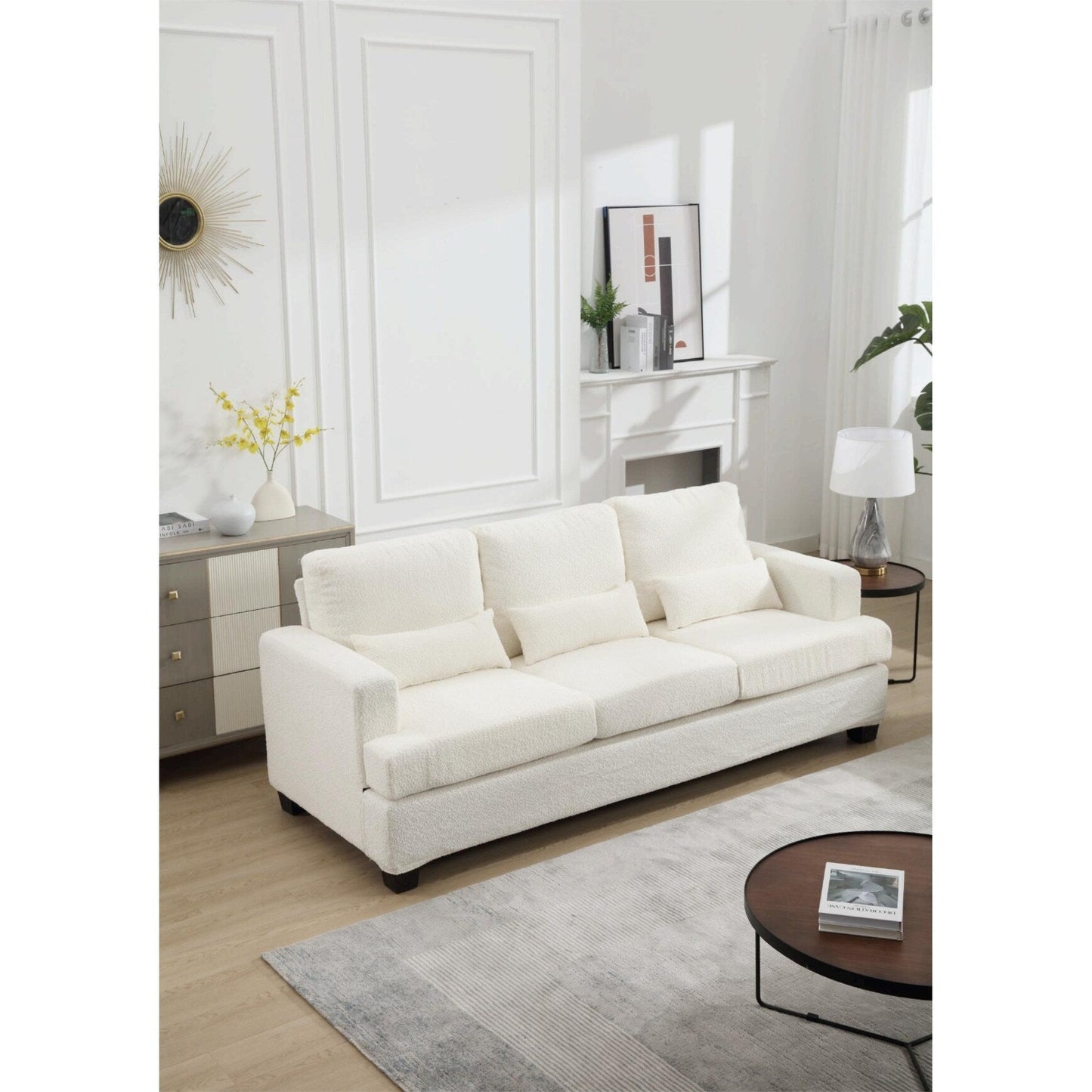 Divano moderno in tessuto bianco 88.4 a 3 posti con 3 cuscini, cuscini dello schienale rimovibili, struttura in legno massello e acciaio
