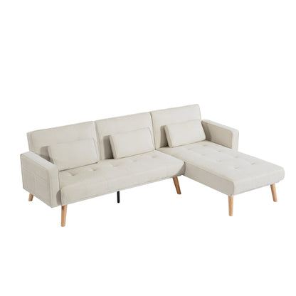 Divano trasformabile a L in lino bianco 94,5 con chaise longue destra, cuscini in schiuma e organizer portaoggetti