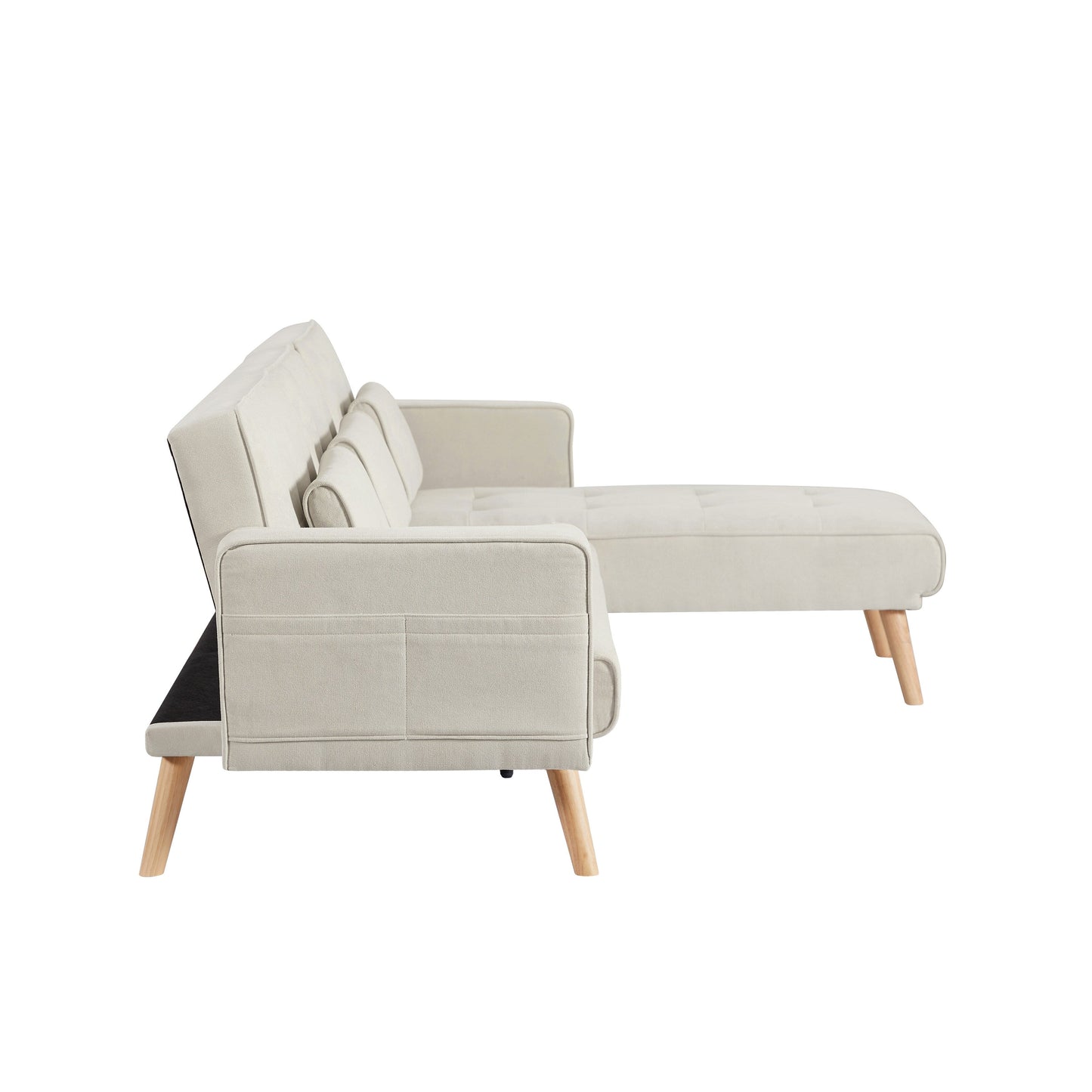 Divano componibile bianco da 94,5'' in lino, a 3 posti, con chaise longue, cuscini in schiuma e borsa organizer, rivolto a destra.