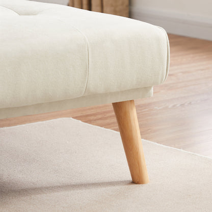 Divano componibile bianco da 94,5'' in lino, a 3 posti, con chaise longue, cuscini in schiuma e borsa organizer, rivolto a destra.