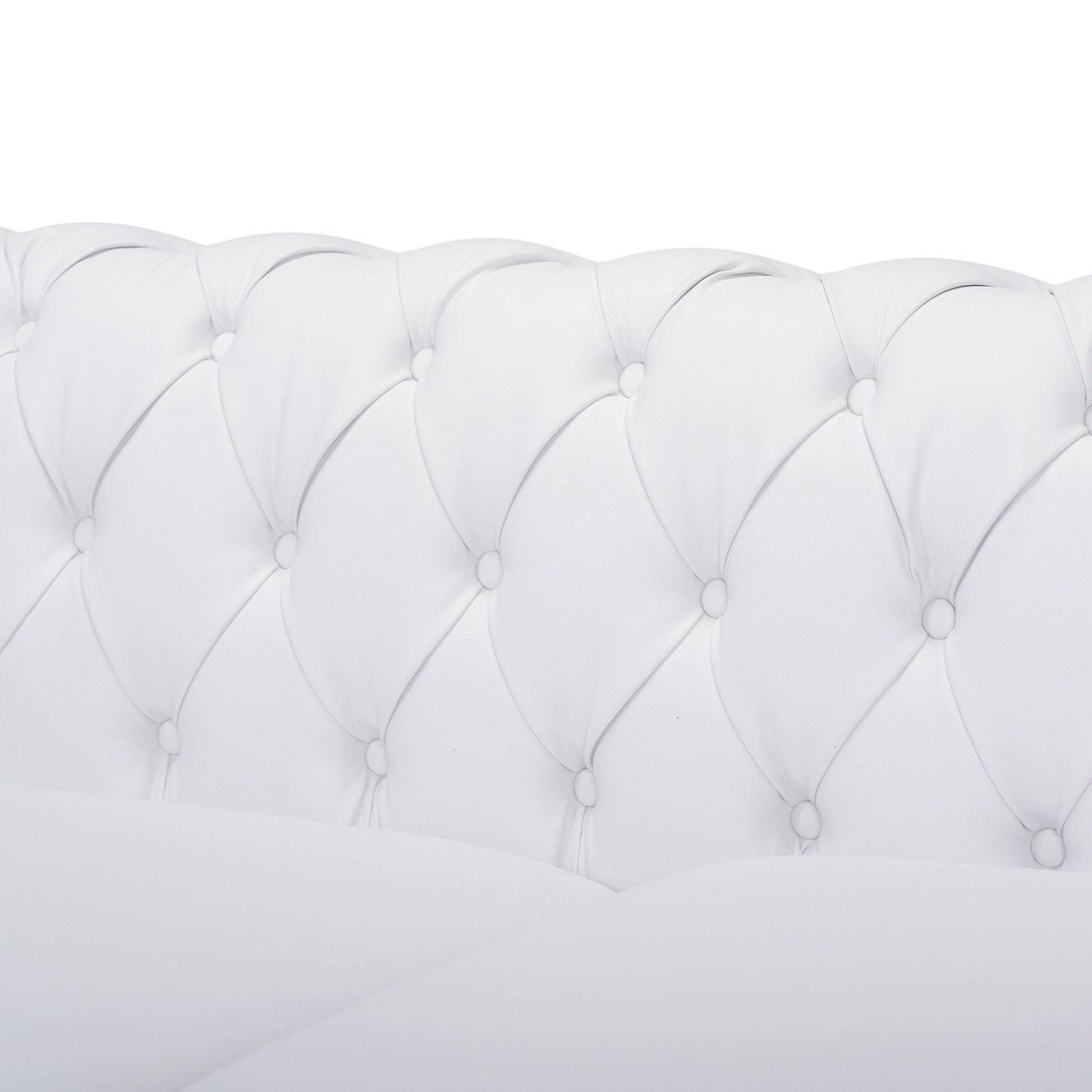 Divano Chesterfield bianco a 3 posti con 83 bottoni, imbottito, trapuntato, borchie e gambe in legno per soggiorno