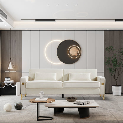 Divano a due posti moderno bianco 85.44 imbottito in velluto con gambe dorate e cuscini per soggiorno