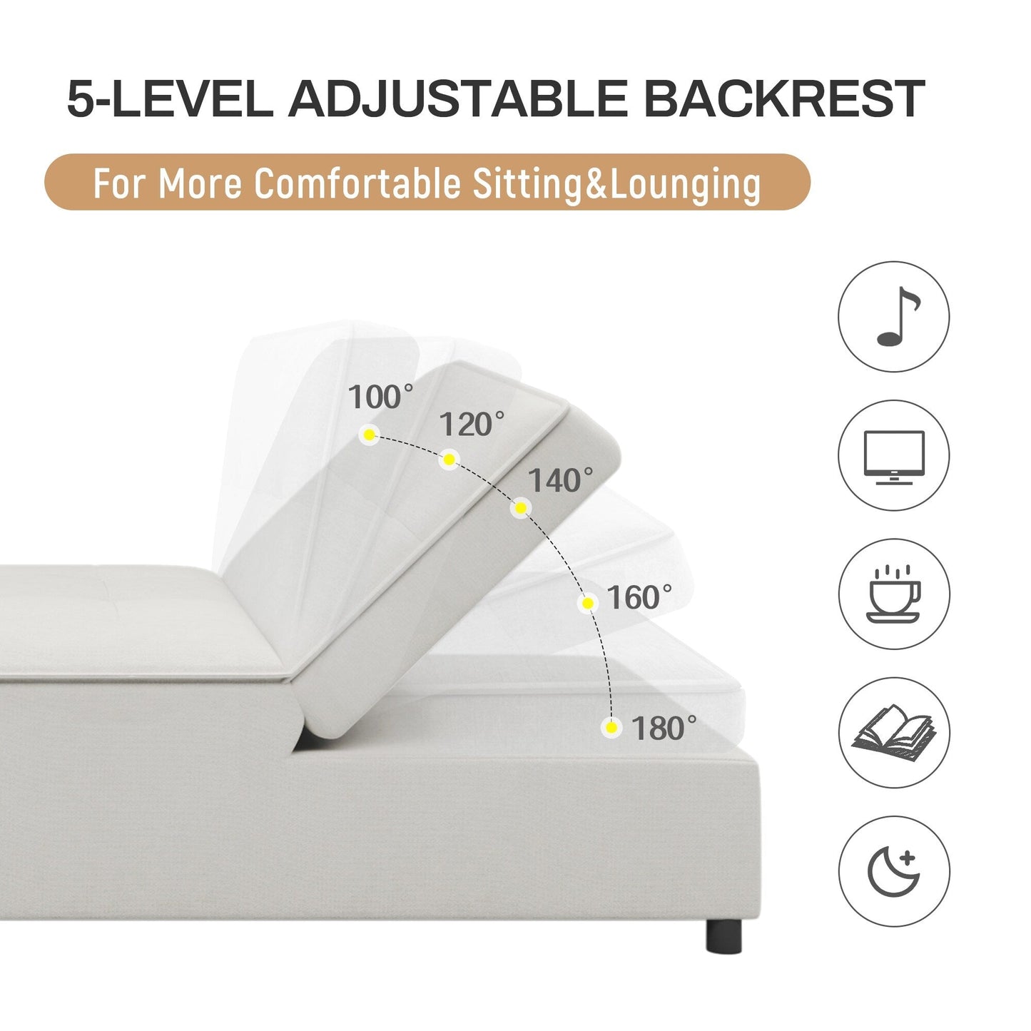 Divano letto bianco multifunzione 72,5 4 in 1 in lino con tasca portaoggetti e porta USB per soggiorno