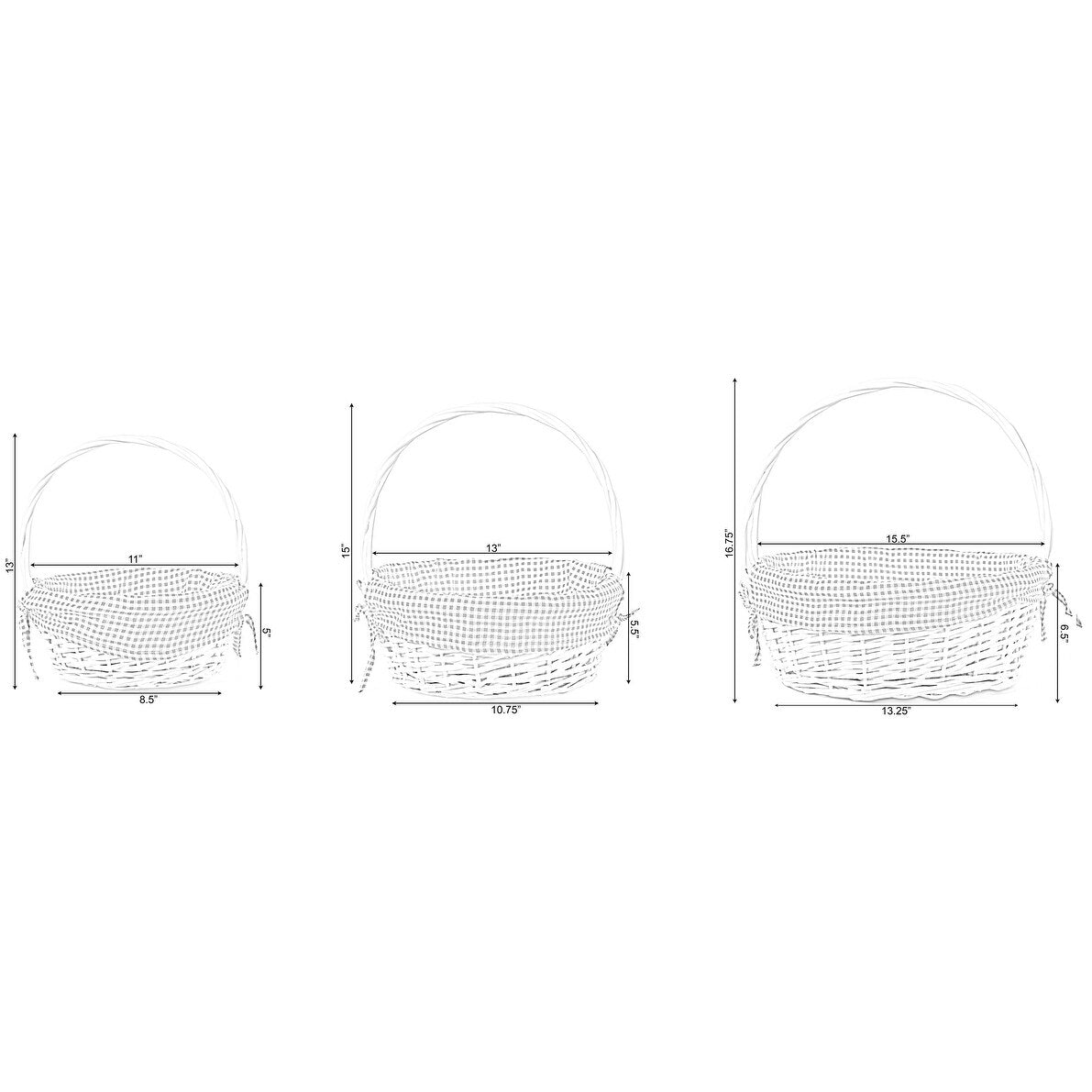 Cesto regalo rotondo in vimini bianco, con fodera e manico a quadretti