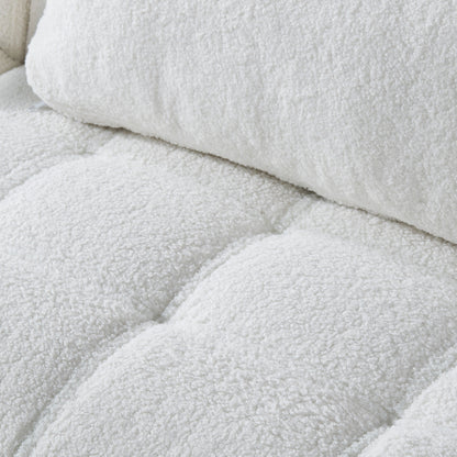 Divano letto singolo modulare in ciniglia Teddy bianco con struttura in legno massello per soggiorno